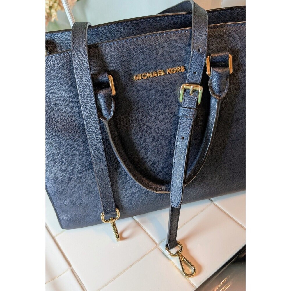 Michael Kors Navy Saffiano Leather Tote Satchel Handbag Gold Hardware Strap